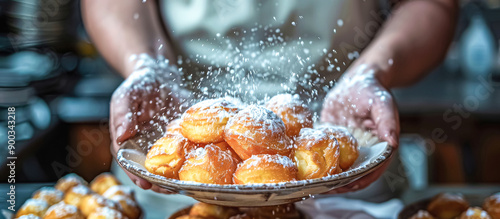 cook serving a Beignet a French pastry similar to a doughnut, made from deep fried choux pastry dough dusted with powdered sugar photo