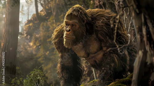 Bigfoot in a forest, utilizing shadows and lighting to enhance the depth and mystery of a possible real-life encounter.