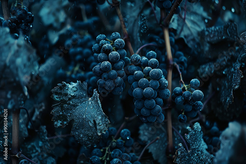 dark blue grapes on the vine, cold tones, dark and moody atmosphere, cinematic... photo