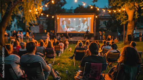 Fototapeta Naklejka Na Ścianę i Meble -  Open-air movie theater in urban park with vintage feel, showcasing classic films under the stars.