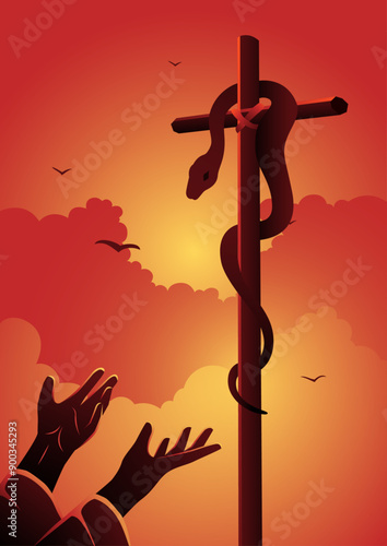 Moses puts the brazen serpent