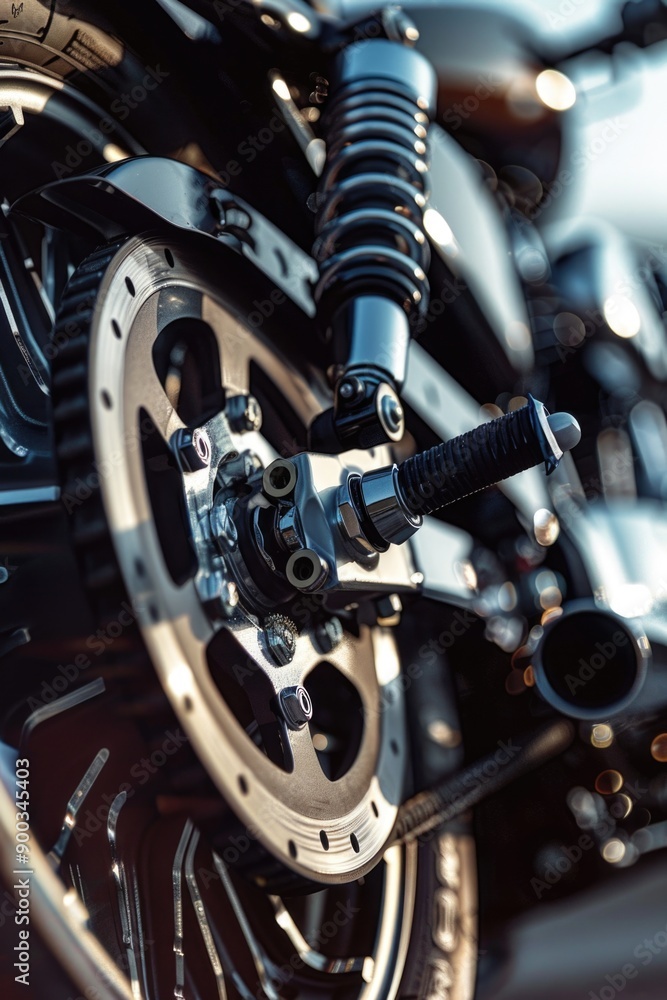 Fototapeta premium A detailed shot of a motorcycle wheel with intricate design and rubber tire, perfect for automotive or action-themed designs