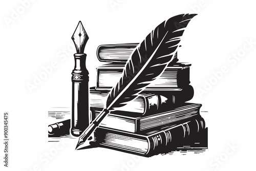 A monochrome illustration of a pen and quill