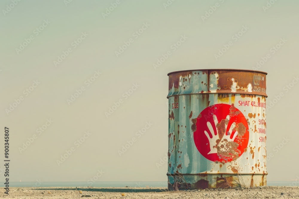 Obraz premium An isolated oil drum, weathered and rusty, displays a unique hand logo under a serene sky at dusk, evoking a sense of solitude.