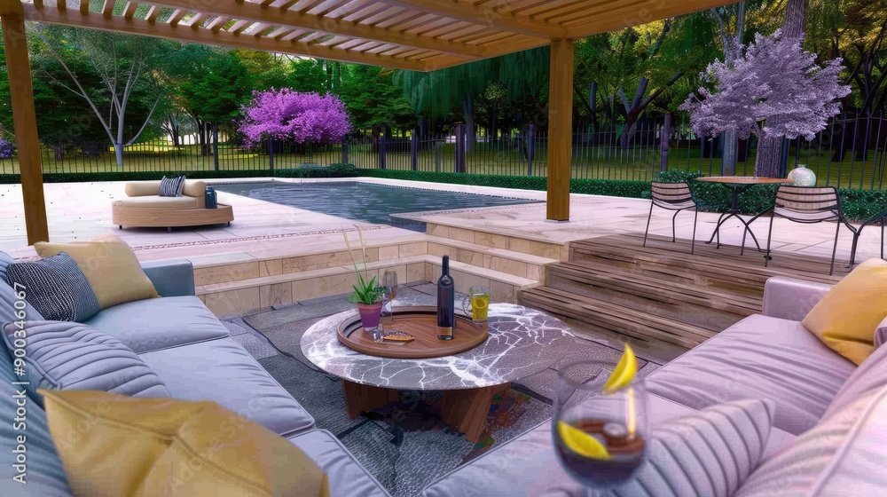Fototapeta premium Cozy patio with sofas and a table. Pergola shade over patio.