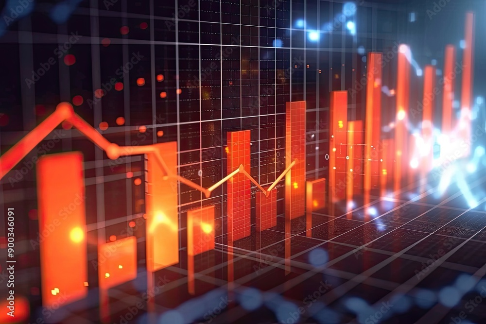 Glowing digital stock market graph, Bar charts displaying sales performance and revenue growth over time Glowing digital stock market graph, Bar charts displaying sales performance and revenue growth over time