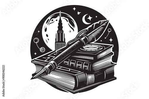 Black and white sketch of a pen placed on a pile of books