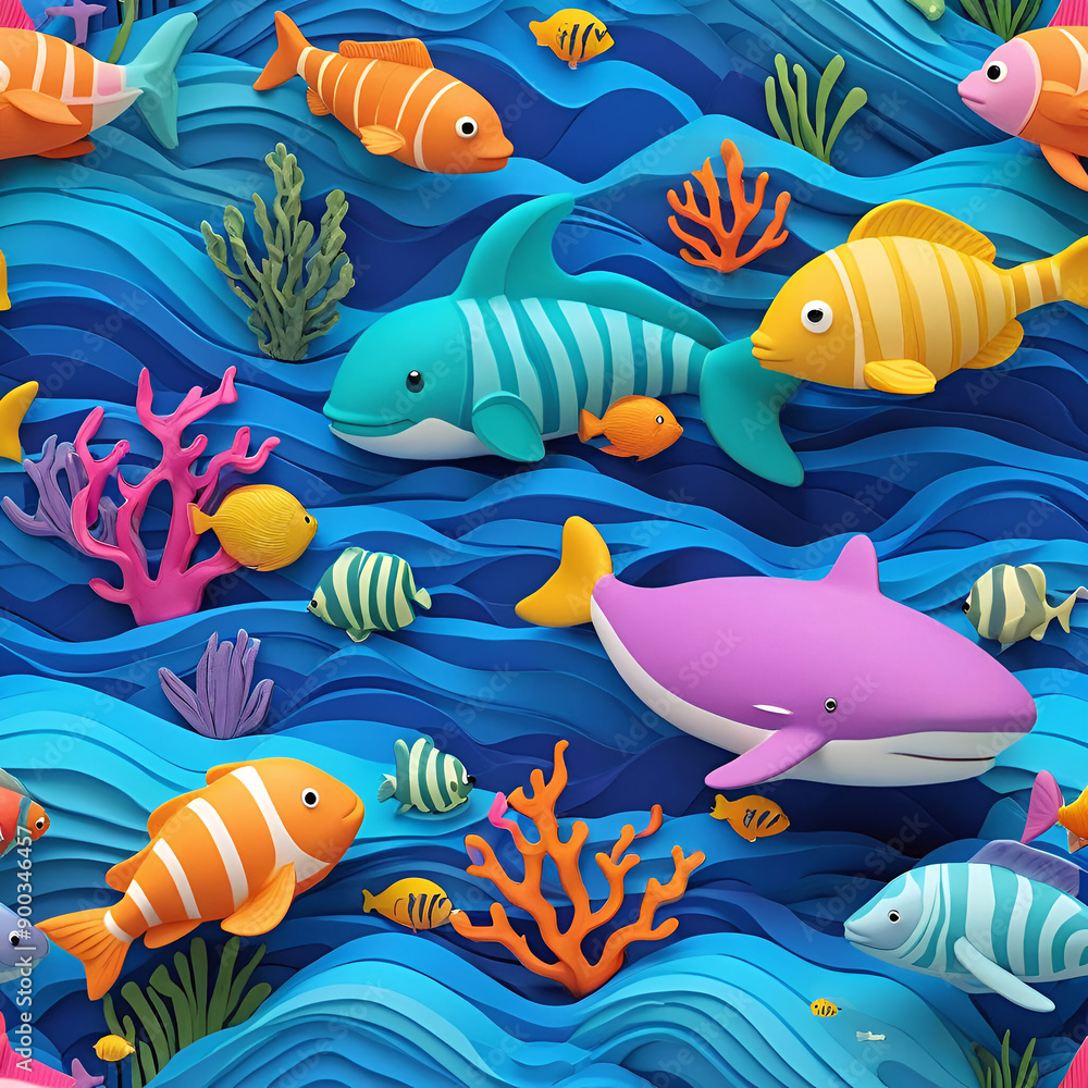 Naklejka premium 3D Cartoon Under the Sea with Fish and Coral
