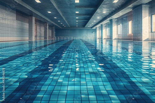 An empty indoor swimming pool with a reflective blue tiled floor in symmetry.