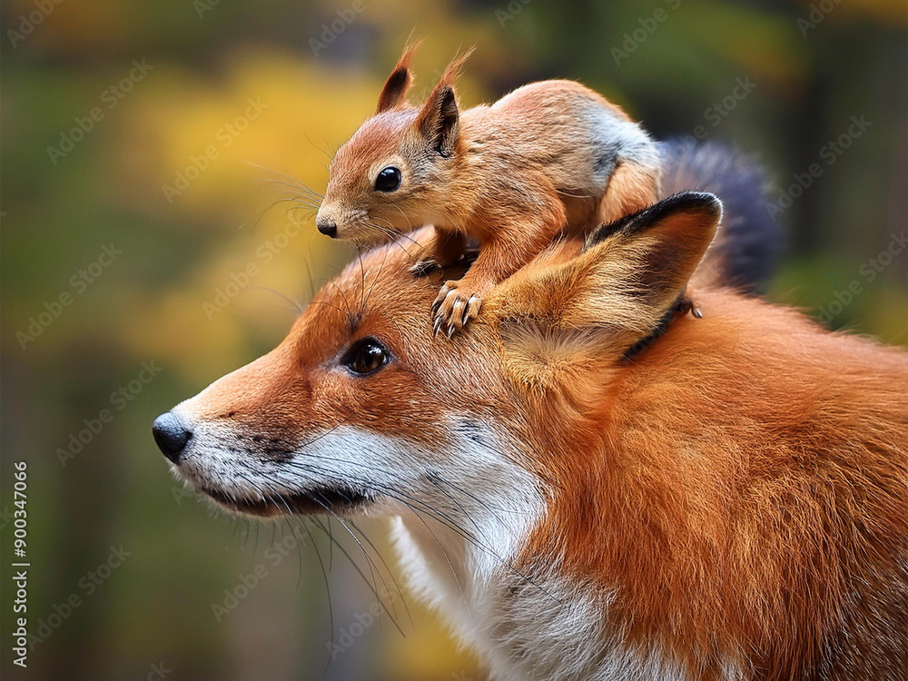 Ein Fuchs mit einem Eichhörnchen auf seinem Kopf