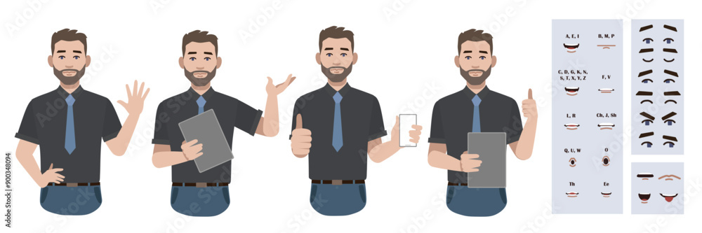 Business office worker man constructor suitable for animation. Generator of diverse eyes, lips, emotion expressions mouth animation and lip sync. Young man character face and upper body construction. Business office worker man constructor suitable for animation. Generator of diverse eyes, lips, emotion expressions mouth animation and lip sync. Young man character face and upper body construction.