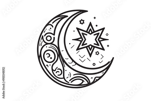 A monochrome drawing of a crescent moon surrounded by stars