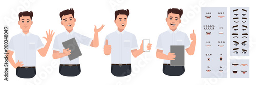 Business office worker man constructor suitable for animation. Generator of diverse eyes, lips, emotion expressions mouth animation and lip sync. Young man character face and upper body construction. 