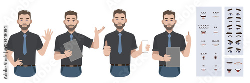 Business office worker man constructor suitable for animation. Generator of diverse eyes, lips, emotion expressions mouth animation and lip sync. Young man character face and upper body construction. 