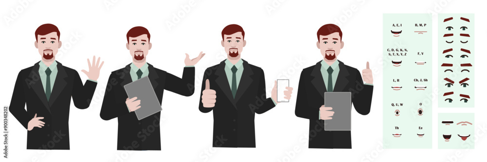 Business office worker man constructor suitable for animation. Generator of diverse eyes, lips, emotion expressions mouth animation and lip sync. Young man character face and upper body construction. Business office worker man constructor suitable for animation. Generator of diverse eyes, lips, emotion expressions mouth animation and lip sync. Young man character face and upper body construction.