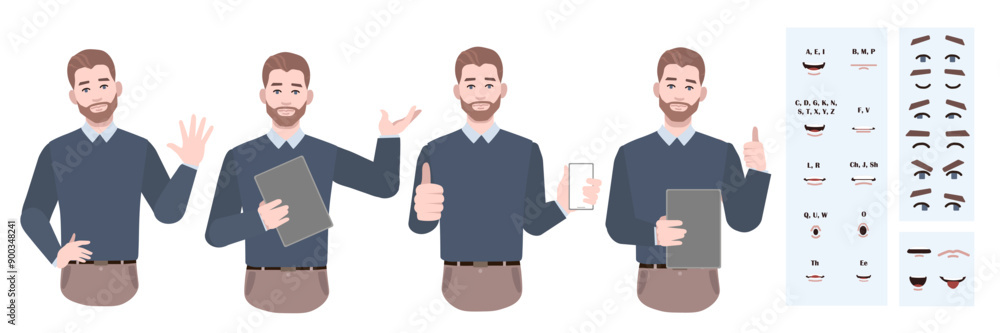 Business office worker man constructor suitable for animation. Generator of diverse eyes, lips, emotion expressions mouth animation and lip sync. Young man character face and upper body construction. Business office worker man constructor suitable for animation. Generator of diverse eyes, lips, emotion expressions mouth animation and lip sync. Young man character face and upper body construction.