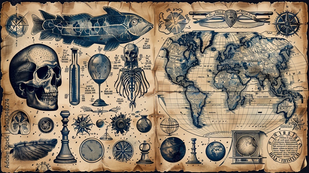 custom made wallpaper toronto digitalvector, illustration, retro graphic design elements: vintage science - collection of vintage drawings featuring disciplines such as medicine, phrenology, chemistry, palm reading