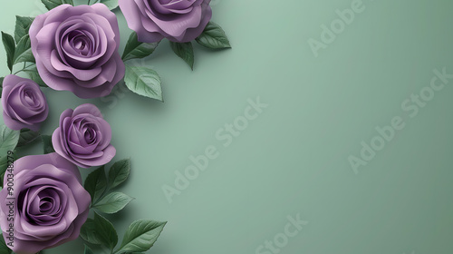 A bouquet of violet roses with green leaves on a green background, perfect for a romantic gift or decoration