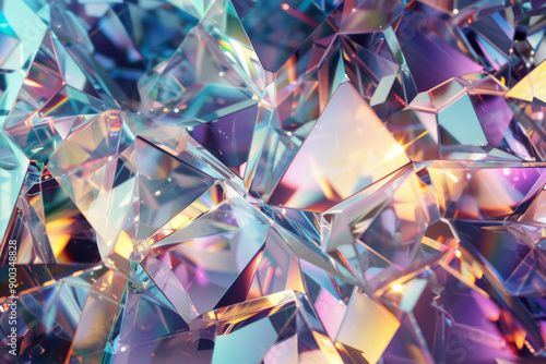 A closeup of iridescent crystal fragments showcasing their intricate facets and vibrant colors