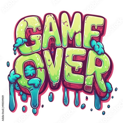 game over in a cartoon font with a nuclear-waste theme, featuring a glowing, aesthetic outline, presented on a white background. photo