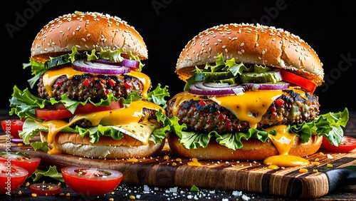 Show a single burger on a wooden board against a black background with beautiful lighting. The burger should be the sole focus, sitting prominently on the wooden board. The black background. photo