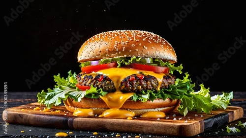 Show a single burger on a wooden board against a black background with beautiful lighting. The burger should be the sole focus, sitting prominently on the wooden board. The black background. photo