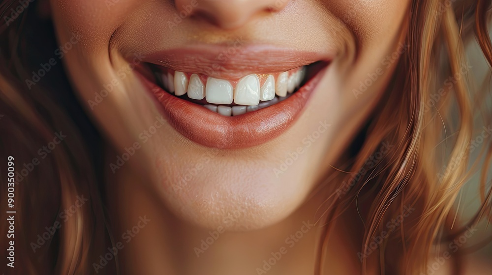 Obraz premium Close-up of a woman's lower face and radiant smile, showcasing satisfaction with dental clinic services, perfect for advertising enamel cleaning and whitening