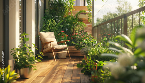 A cozy balcony with a comfortable chair surrounded by lush greenery and bathed in sunlight