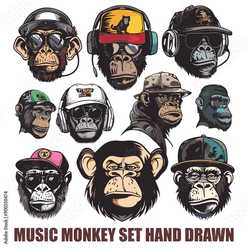 colorful Cool hip hop music monkey set, vector hand drawn illustration
 photo