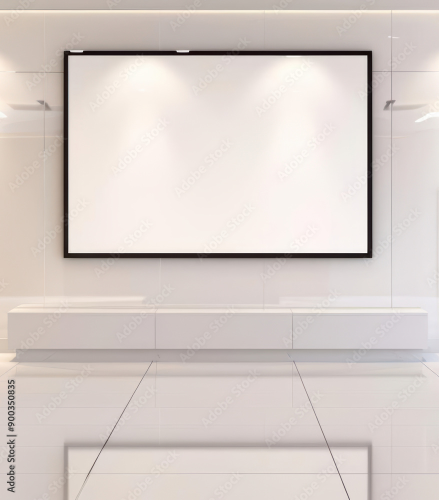 Craft an image of a blank display stand with a high-gloss finish, positioned in a modern, chic showroom Craft an image of a blank display stand with a high-gloss finish, positioned in a modern, chic showroom