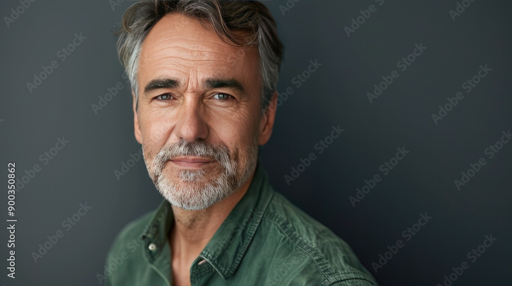 Obraz premium Confident middle-aged businessman in a green shirt, unsmiling, headshot close-up portrait, showcasing a mature executive leader on gray background