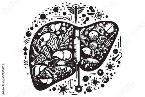 Monochrome image of lungs with diverse objects, artistic black and white composition