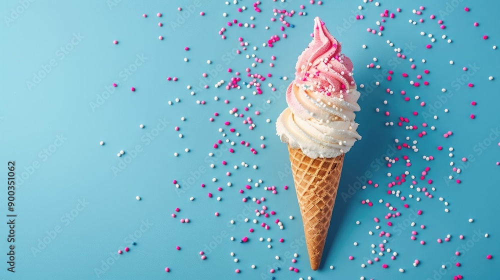 Decorated vanilla and strawberry ice cream in a wafer cone with sugar sprinkles on a vibrant blue background, creative layout Decorated vanilla and strawberry ice cream in a wafer cone with sugar sprinkles on a vibrant blue background, creative layout
