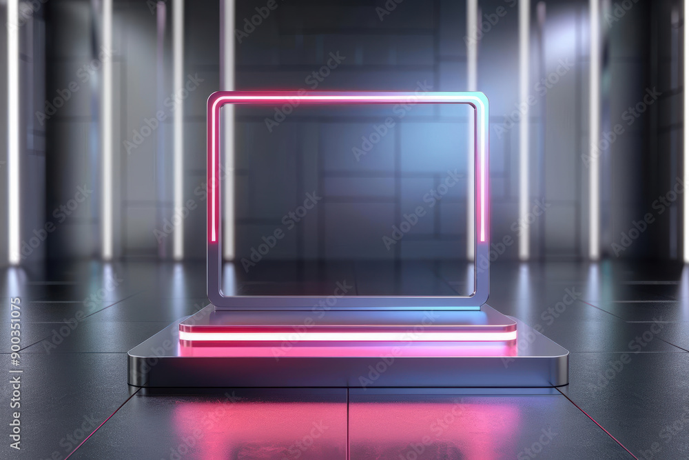 Create an image of a blank display stand with a futuristic design, incorporating LED lights and metallic surfaces Create an image of a blank display stand with a futuristic design, incorporating LED lights and metallic surfaces