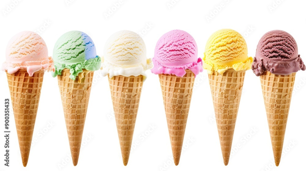 Different ice cream scoops in cones, isolated on white background, perfect for showcasing a variety of flavors Different ice cream scoops in cones, isolated on white background, perfect for showcasing a variety of flavors