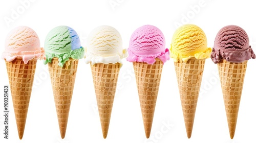 Different ice cream scoops in cones, isolated on white background, perfect for showcasing a variety of flavors