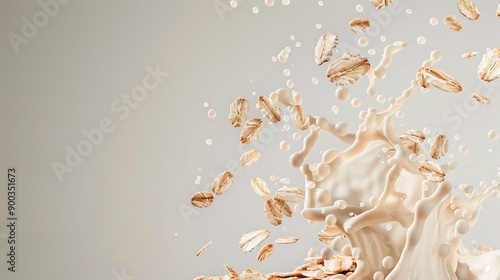 Dynamic Splash of Oat Milk with Flying Oat Flakes. Healthy Vegan Food