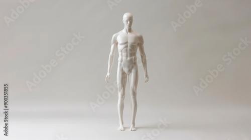 white mannequin representing a man, standing upright in a neutral pose.