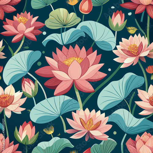 Seamless Vector Background of Lotus Flower Patterns. Perfect for: Spiritual Events, Cultural Celebrations, Decor