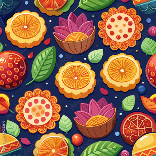 Seamless Vector Background of Various Mooncakes with Intricate Patterns. Perfect for: Mid-Autumn Festival, Food-Themed Projects, Cultural Celebrations