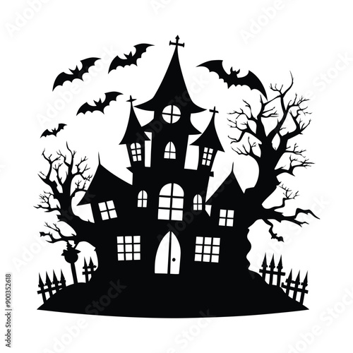 Discover a chilling vector illustration of a haunted house silhouette, perfect for Halloween projects. This eerie scene features a ghostly mansion, ideal for adding a spooky touch to your designs.