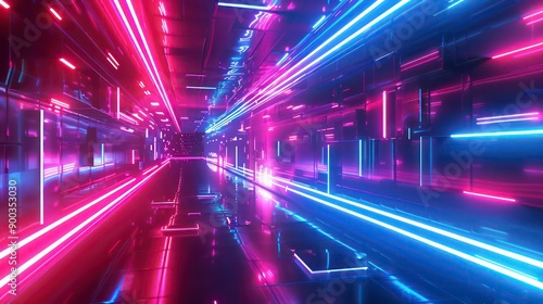 A tunnel to the digital future, illuminated by shining beams of royal blue and hot pink light, creating a vibrant, futuristic atmosphere.