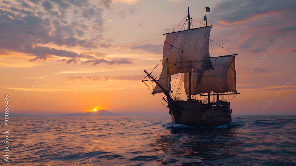 Obraz premium A majestic pirate ship with billowing sails on the open ocean looking for treasures.