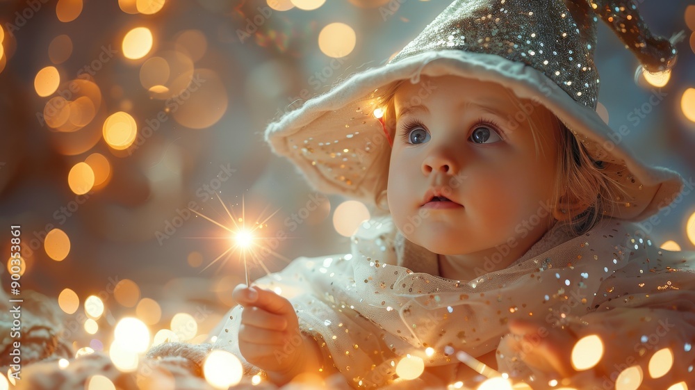 Adorable child in a sparkling outfit, captivated by twinkling lights, creating a magical holiday atmosphere. Adorable child in a sparkling outfit, captivated by twinkling lights, creating a magical holiday atmosphere.