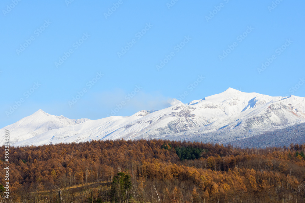 秋の富良野の紅葉と冠雪した十勝連峰 秋の富良野の紅葉と冠雪した十勝連峰