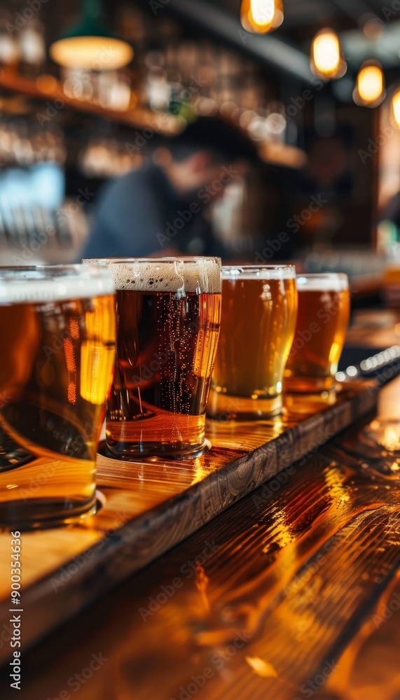 Craft beer flight glasses on bar counter, bartender in brewerybrewing pub nightlife concept Craft beer flight glasses on bar counter, bartender in brewerybrewing pub nightlife concept