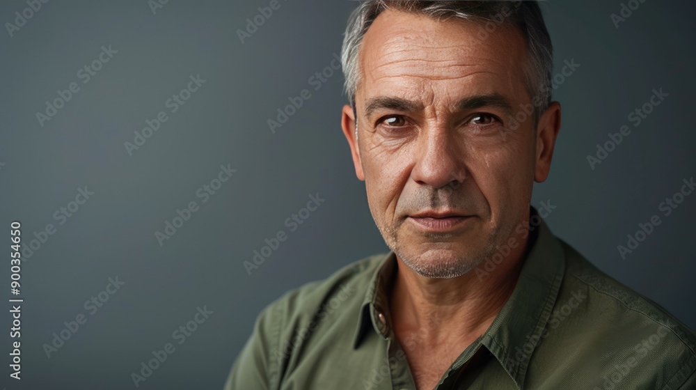Fototapeta premium Mature business leader in a green shirt, serious and confident expression, headshot close-up against a gray background, ideal for professional profiles
