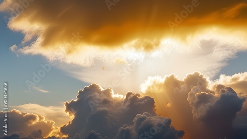 The sun breaking through the clouds after a rainstorm, casting a golden, warm glow on the remaining gray and white clouds. photo