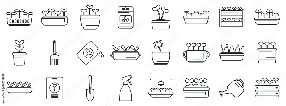 Growing microgreens icons set. Gardener taking care of plants using gardening tools and equipment line icons set for apps and web design Growing microgreens icons set. Gardener taking care of plants using gardening tools and equipment line icons set for apps and web design