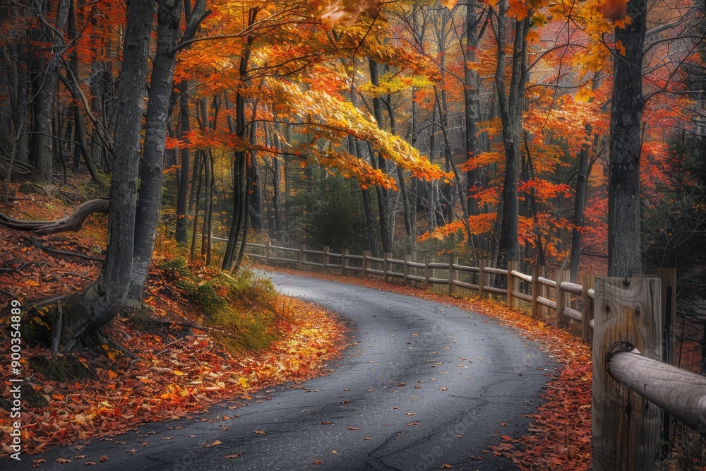 Obraz premium Serene Autumn Forest Path with Vibrant Foliage and Curving Road